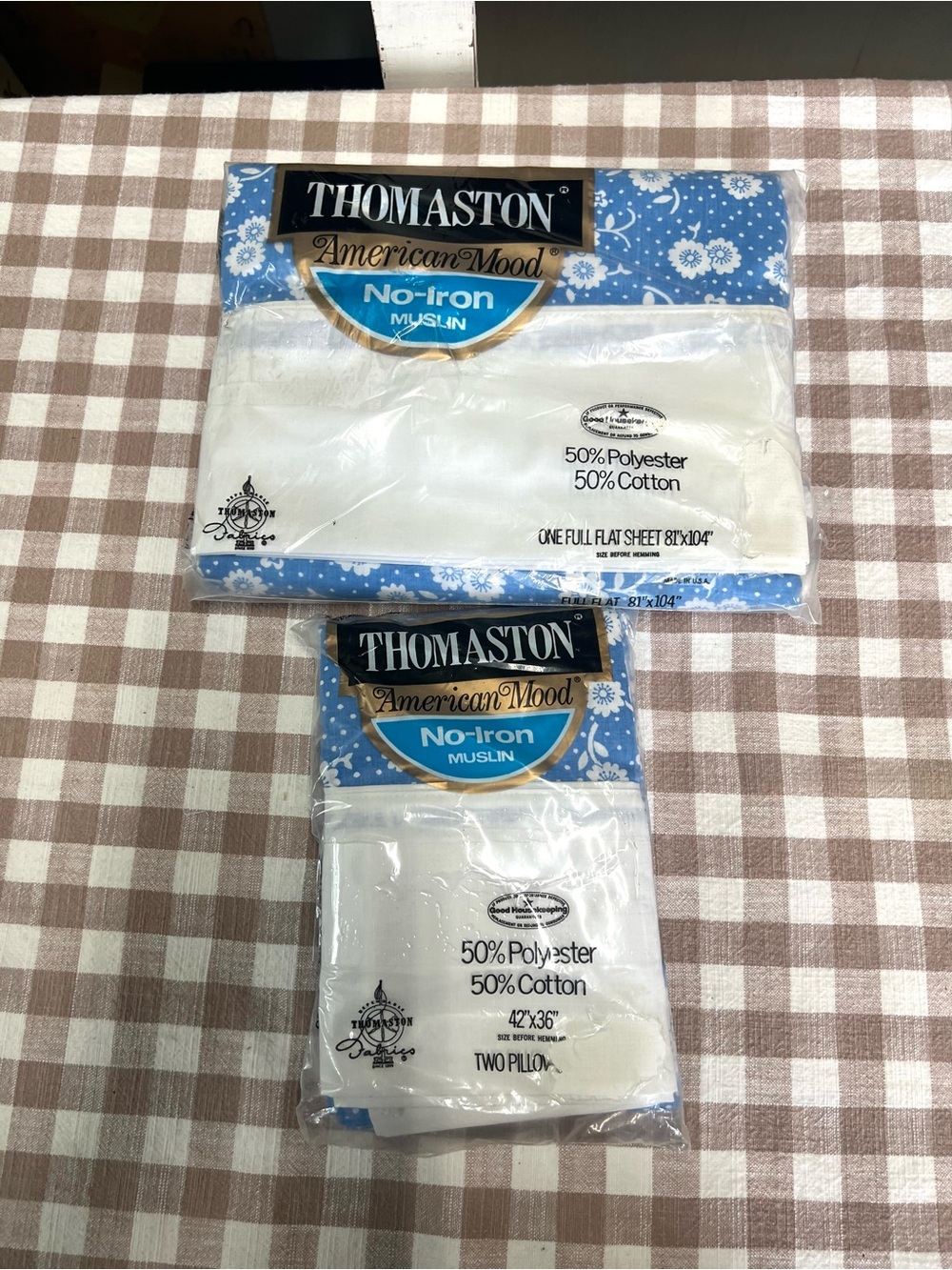 NIP vintage sheet pillow cases blue white Thomaston full flat bedding
